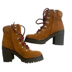 🔥🔥Rebecca Minkoff Maihlo Saddle Brown Suede Lace Up Platform Boots Sz 10 🥾